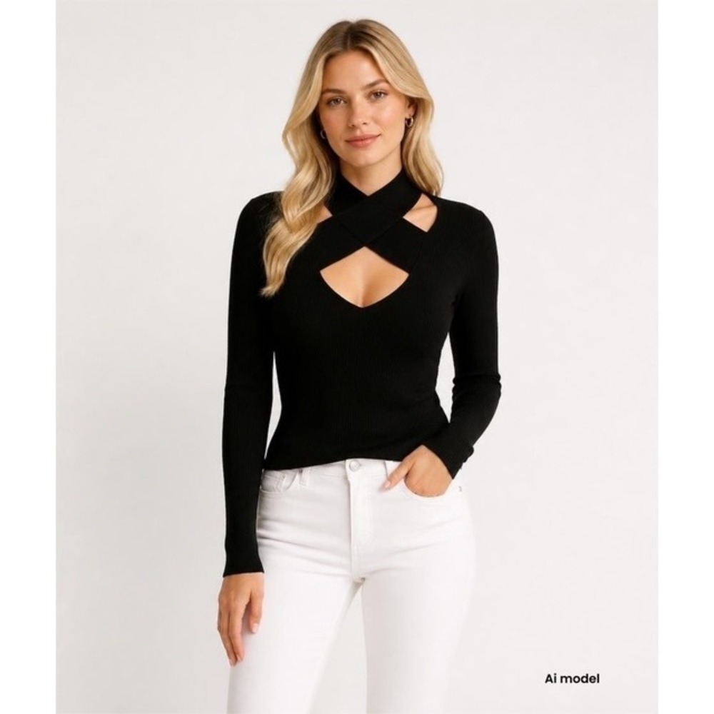 Bailey 44 Womens Long Sleeve Ribbed Cross V Neck Sweatshirt Black Size Medium